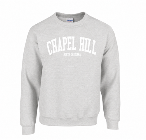 SHB Ash Grey with White Lettering Chapel Hill NC Crewneck Sweatshirt - Main View - Shrunken Head