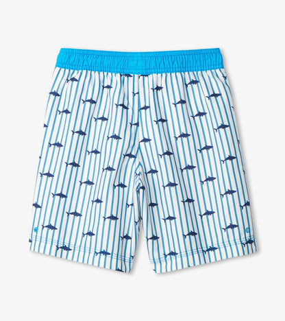 Back view of Hatley boys Blue/White shark print board shorts