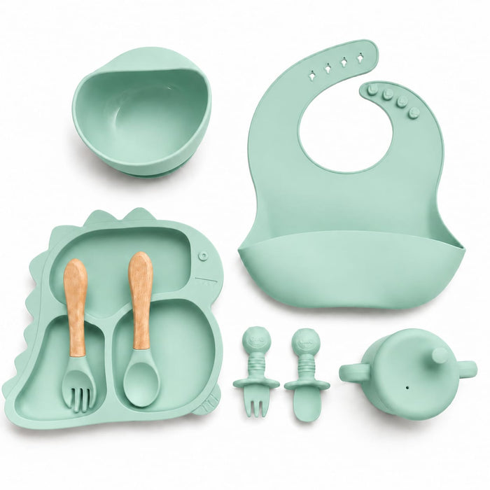Silicone Baby Cutlery Set - 8 Pieces - Dinosaur - Light Green
