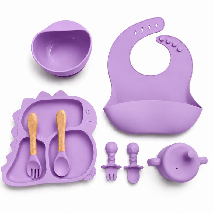 Silicone Baby Cutlery Set - 8 Pieces - Dinosaur - Purple