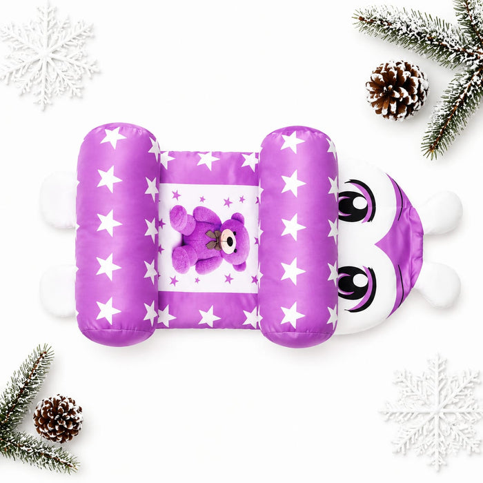 A purple inflatable baby headrest and shoulder pillow set with white stars, a plush teddy bear design, and a panda face motif, styled on a white background with holiday pine branches and snowflakes.