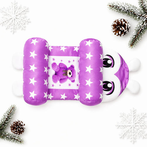 A purple inflatable baby headrest and shoulder pillow set with white stars, a plush teddy bear design, and a panda face motif, styled on a white background with holiday pine branches and snowflakes.