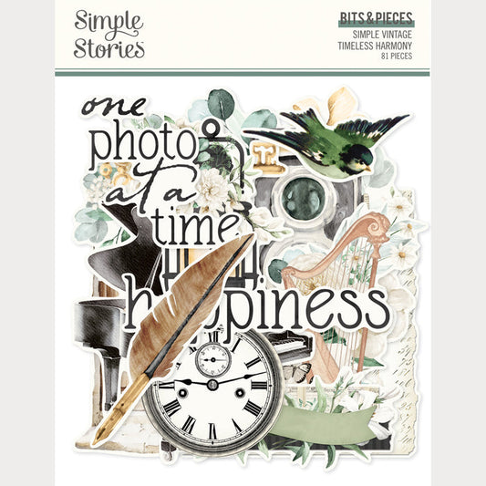 Simple Stories - Bits & Pieces - Simple Vintage Timeless Harmony. 81 Die Cut Cardstock Pieces. Available at Embellish Away in Bowmanville Ontario Canada.