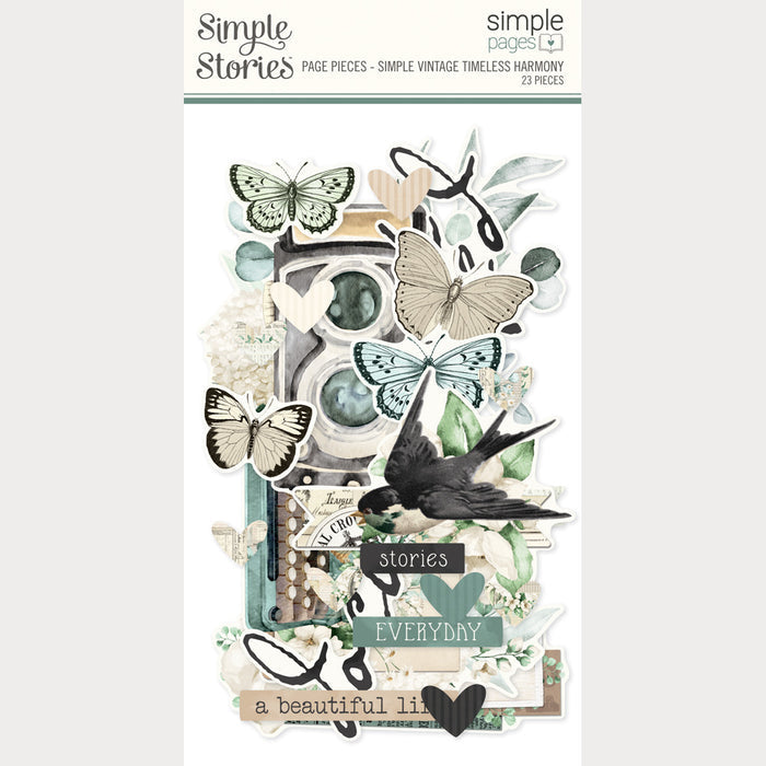 Simple Stories - Simple Pages Page Pieces - Simple Vintage Timeless Harmony. 23 Die Cut Pieces. Available at Embellish Away in Bowmanville Ontario Canada.
