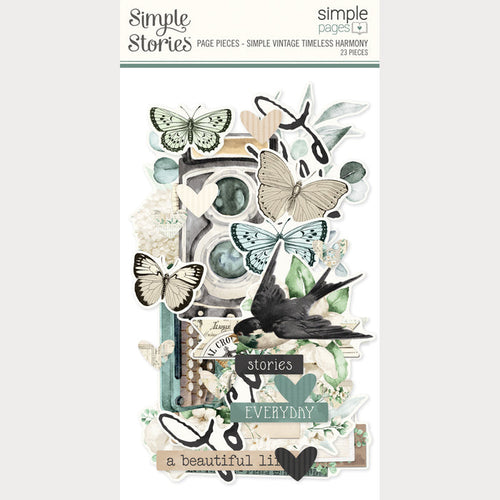 Simple Stories - Simple Pages Page Pieces - Simple Vintage Timeless Harmony. 23 Die Cut Pieces. Available at Embellish Away in Bowmanville Ontario Canada.