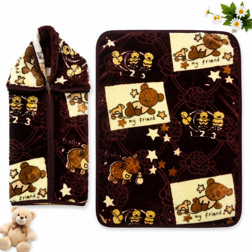 A plush fleece blanket and matching zippered pouch shown on a white background. The blanket features a dark brown base with a repeating pattern of cartoon teddy bears, bees, stars, and the text 'my friend' on cream panels.