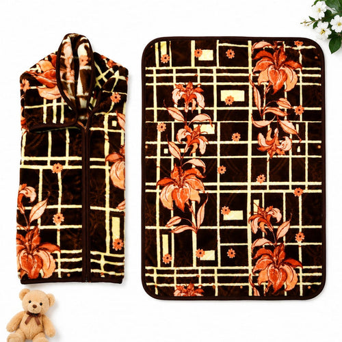 A two-piece fleece blanket set featuring a zippered hooded blanket and a matching flat throw blanket, both with a dark brown background, cream grid pattern, and orange floral motifs. Shown on a white background with a small teddy bear and white flowers as
