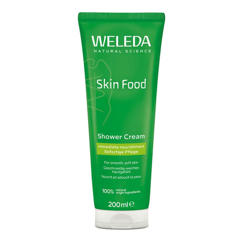 Weleda Skin Food Shower Cream 200ml tube on a white background.