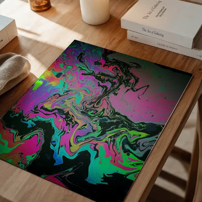 Abstract Oil Slick style print with vibrant pink, green, and blue swirls on thick archival art paper.