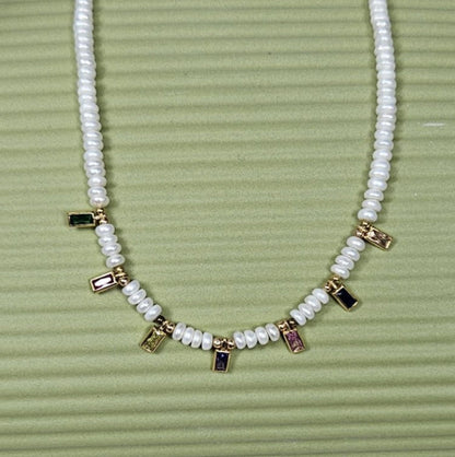 Small Baroque Freshwater Pearl Necklace with Crystal Baquette Coloured Stones