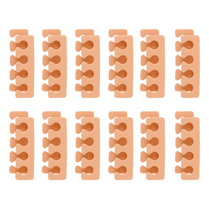 Twelve peach foam toe separators arranged in rows
