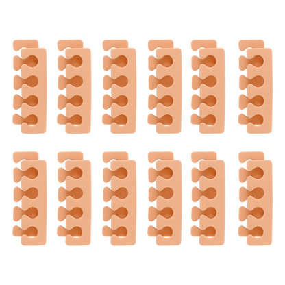 Twelve peach foam toe separators arranged in rows
