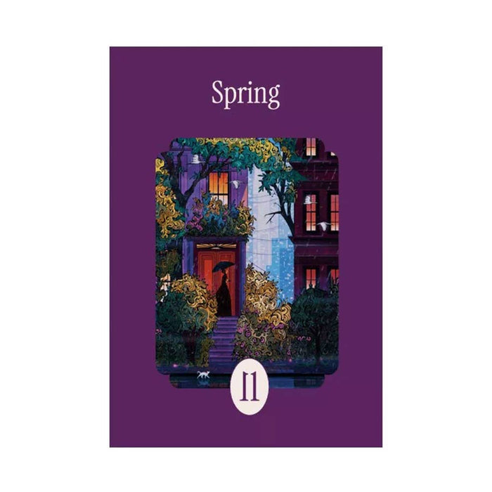 A person with an umbrella stands on house steps amid lush spring plants, reflecting the charm of the la pauz Spring | 99 Piece Jigsaw Puzzle. "Spring" and "II" appear above and below on a purple background.