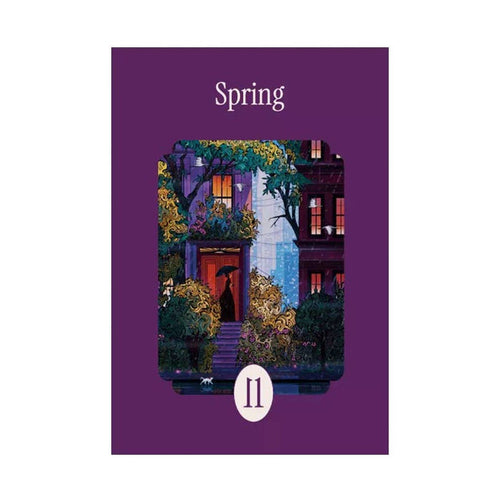 A person with an umbrella stands on house steps amid lush spring plants, reflecting the charm of the la pauz Spring | 99 Piece Jigsaw Puzzle. "Spring" and "II" appear above and below on a purple background.
