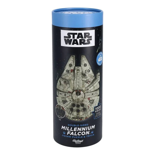 Packaged in a cylindrical box labeled Chronicle Books, the Star Wars Millennium Falcon 1,000 Piece Jigsaw Puzzle includes a double-sided Millennium Falcon puzzle and engaging Star Wars trivia, as indicated on the packaging.