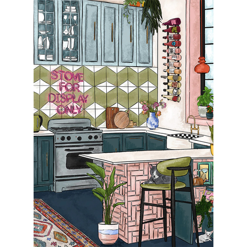 Ellembee gift's "Stove For Display Only" is a 1,000 piece jigsaw puzzle featuring a modern kitchen with green cabinets, geometric backsplash, plants, wall mug rack, neon sign, and barstool—printed with non-toxic inks.
