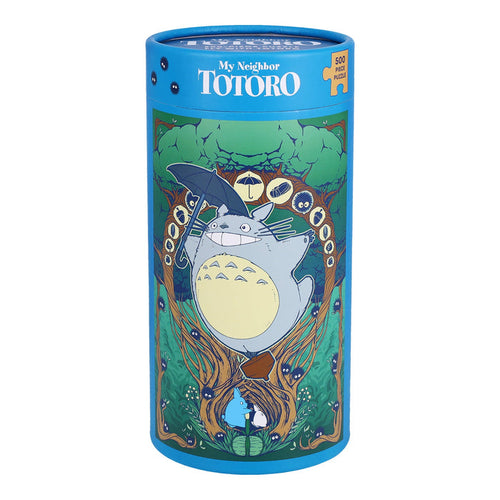 The Studio Ghibli My Neighbor Totoro | 500 Piece Jigsaw Puzzle by Chronicle Books comes in a cylindrical box featuring Totoro with an umbrella and a forest background.