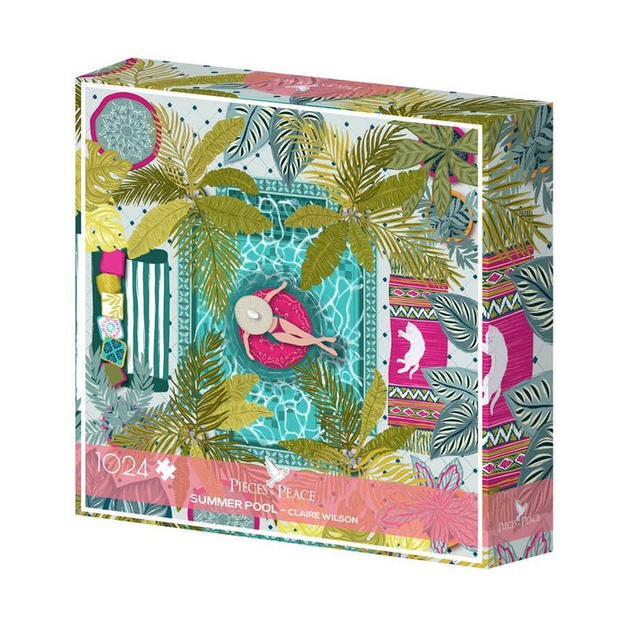 The Summer Pool | 1,000 Piece Jigsaw Puzzle by Pieces & Peace features a tropical pool scene with a woman on a float and lush leafy patterns. Made in France for premium quality and vivid detail.