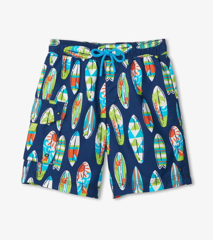 Hatley boys Surfs Up board shorts in Navy/Multi surfboard print with drawcord waist