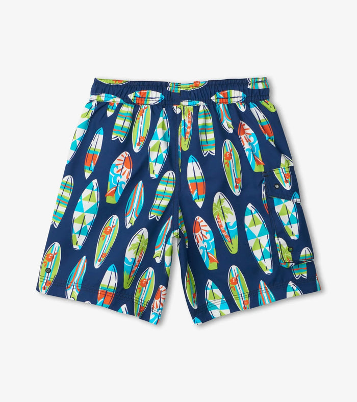 Back view of Hatley boys Surfs Up swim trunks with colorful surfboard print