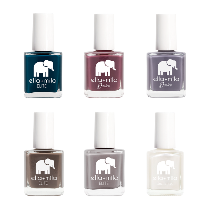 Sweater Weather 6 nail polish bottles in dark teal, plum, grey purple, taupe, mauve and cream