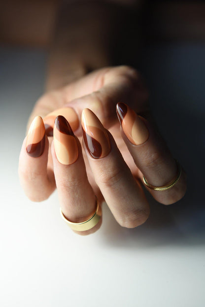 Swirls Autumn Press-On Nails – Pumpkin & Brown Handmade Set