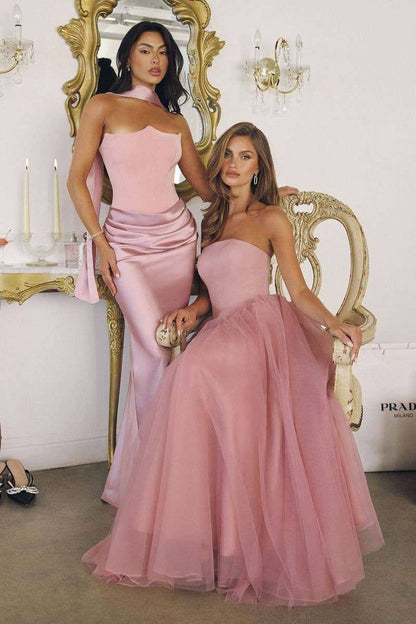 Elegant T712 Light Pink Strapless Tulle A-Line Dress - Light Pink styled with a satin pink dress, ideal for red carpet or formal occasions.