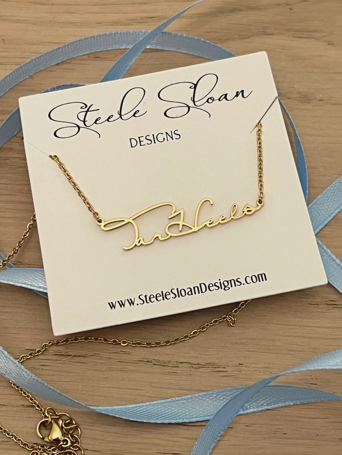 Tar Heels Gold Cursive Necklace by Steele Sloan Designs - Detail View - Steele Sloan Designs