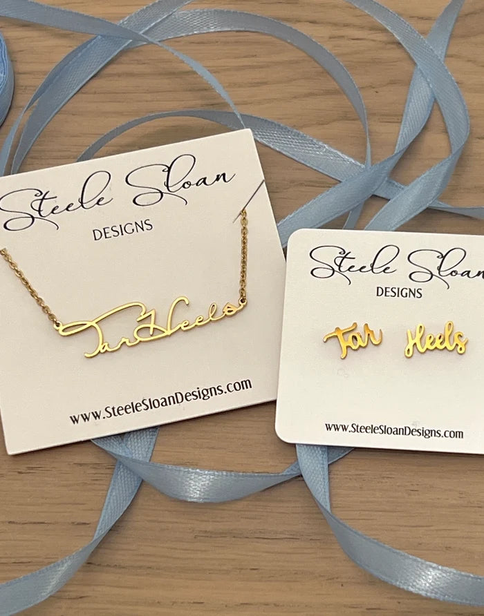 Tar Heels Gold Cursive Necklace by Steele Sloan Designs - Front View - Steele Sloan Designs