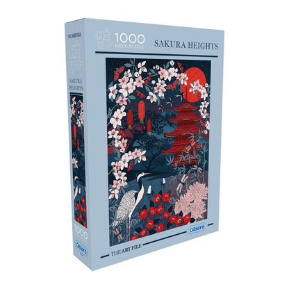 The Art File: Sakura Heights is a 1,000 piece jigsaw puzzle by Gibsons Games, showcasing cherry blossoms, a red pagoda, crane, and pond—made from quality recycled cardboard for eco-friendly fun.