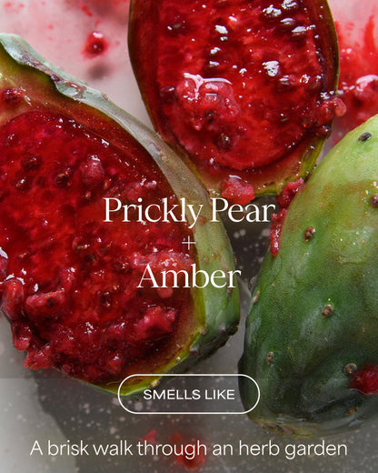 Prickly pear fruit with text 'Prickly Pear + Amber' and description 'Smells like a brisk walk through an herb garden'.