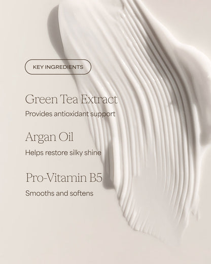 Silky hair strands with key ingredients text overlay on a light background