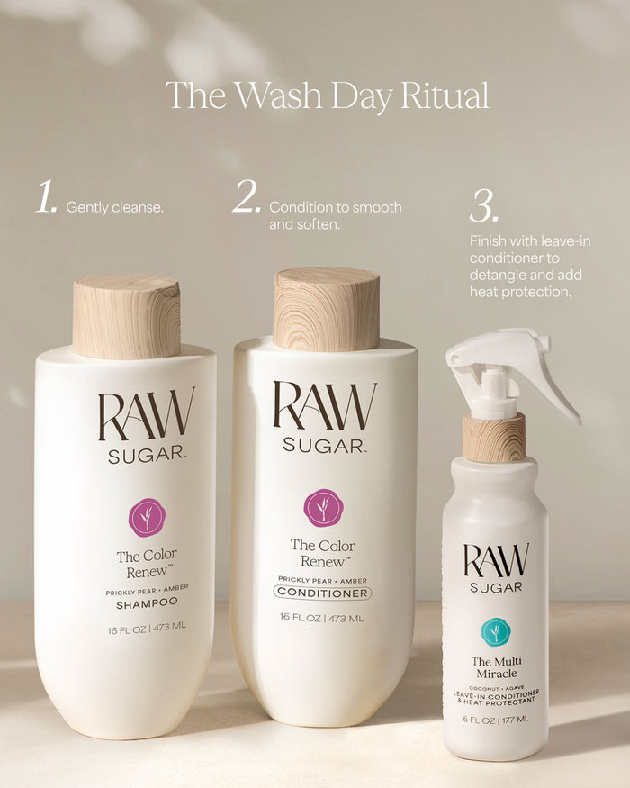 Three bottles of RAW Sugar hair care products on a neutral background with text indicating a 'Wash Day Ritual'.