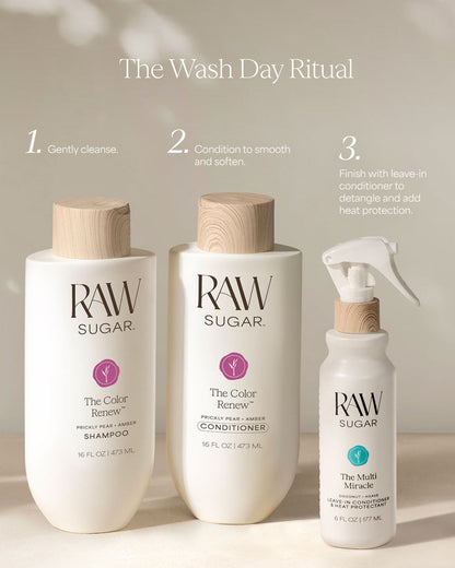 Three bottles of RAW Sugar hair care products on a neutral background with text indicating a 'Wash Day Ritual'.