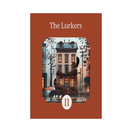 The Lurkers | 99 Piece Jigsaw Puzzle by la pauz features an illustrated multi-story building with trees, people, outdoor seating, and a round II symbol below the artwork, resembling a puzzle on its cover.