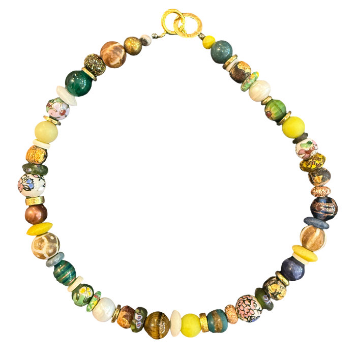 artisan necklace, one of a kind necklace, statement necklace, mixed bead necklace, porcelain bead necklace, lampwork glass necklace, ceramic necklace, colorful artisan jewelry, wearable art necklace, boutique jewelry, eclectic jewelry, handcrafted necklace, blue statement necklace, luxury boutique jewelry, Oh Meredith jewelry