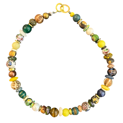 artisan necklace, one of a kind necklace, statement necklace, mixed bead necklace, porcelain bead necklace, lampwork glass necklace, ceramic necklace, colorful artisan jewelry, wearable art necklace, boutique jewelry, eclectic jewelry, handcrafted necklace, blue statement necklace, luxury boutique jewelry, Oh Meredith jewelry