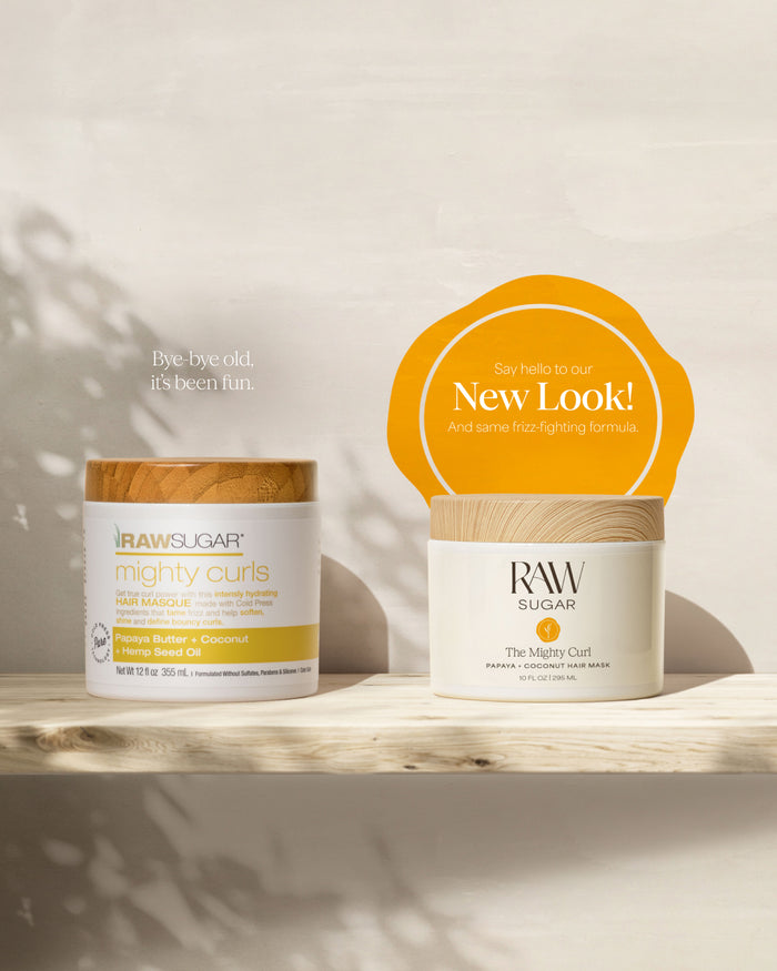 Two jars of Raw Sugar hair mask on a wooden shelf with a 'New Look' sign.