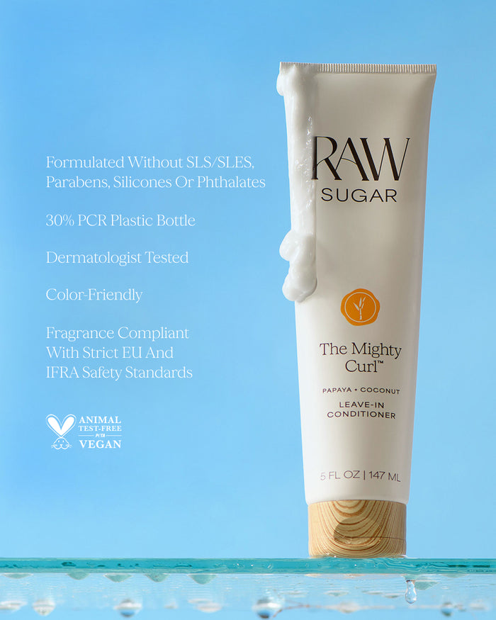 RAW Sugar cleave-in onditioner bottle with product details on a blue background