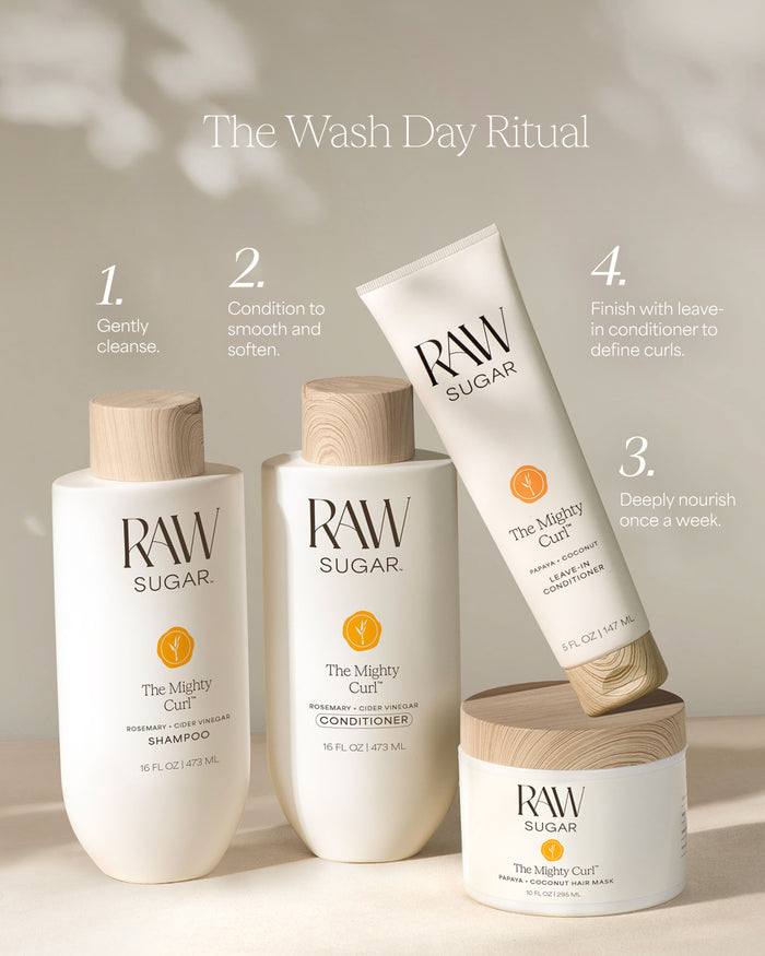 RAW Sugar hair care products with step-by-step instructions on a neutral background