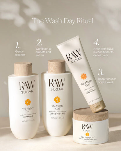 RAW Sugar hair care products with step-by-step instructions on a neutral background