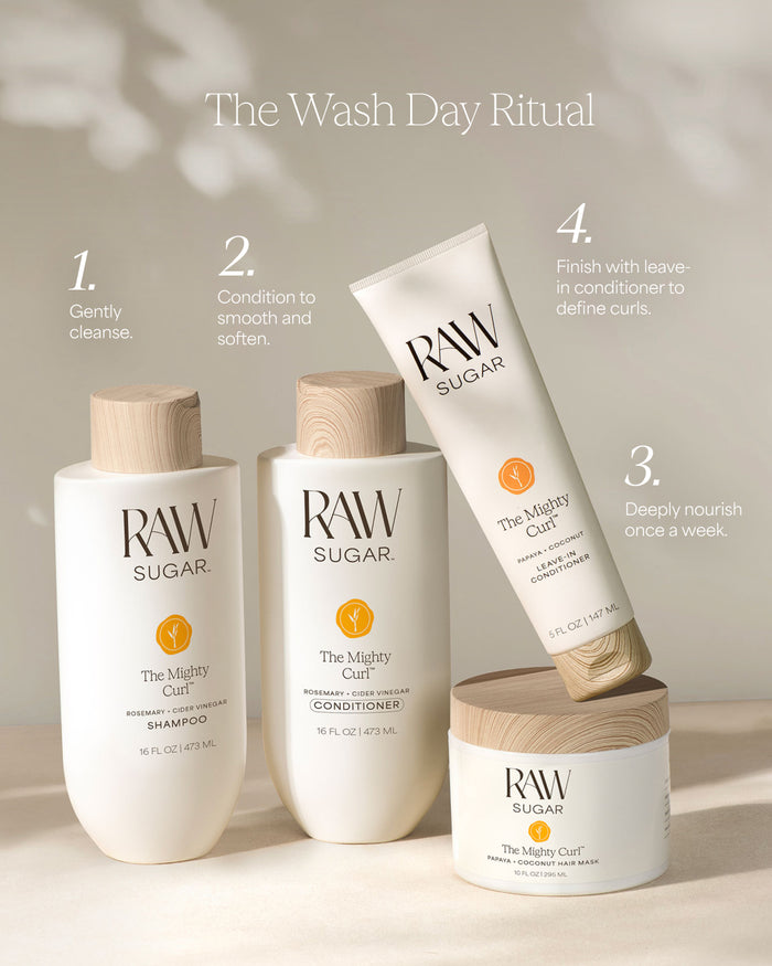 Raw Sugar hair care products with step-by-step instructions on a neutral background
