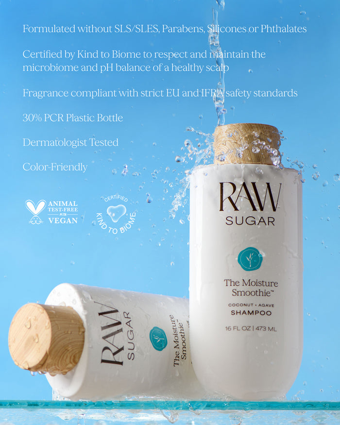 RAW Sugar shampoo bottle with water splash on a blue background