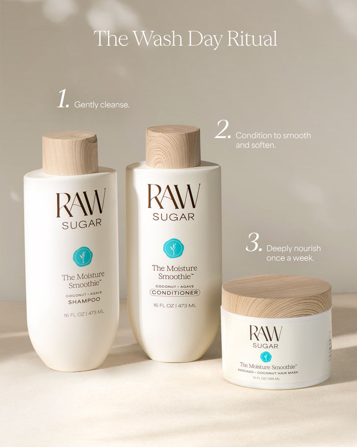 RAW Sugar hair care products with step-by-step instructions on a neutral background