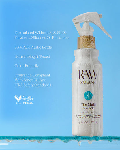 RAW Sugar leave-in conditioner bottle with product details on a blue background, designed to help protect hair with clean ingredients.