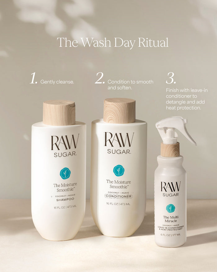 RAW Sugar hair care products including shampoo, conditioner, and spray bottle on a neutral background.