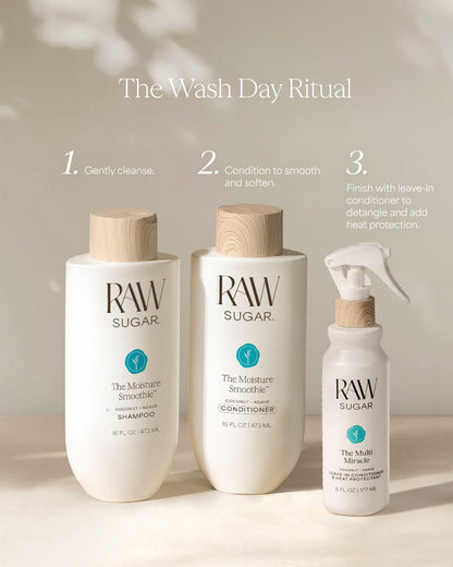 RAW Sugar hair care products including shampoo, conditioner, and spray bottle on a neutral background.