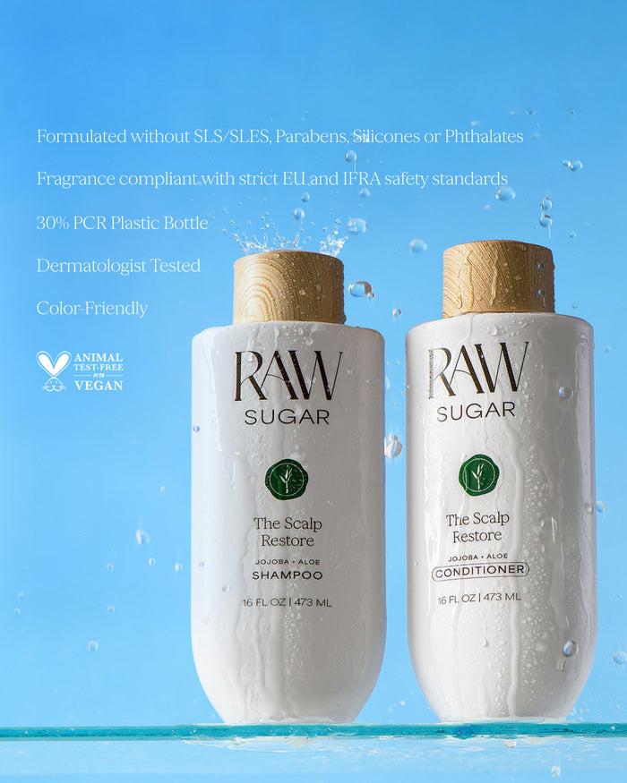 Two bottles of RAW Sugar shampoo and conditioner on a blue background with product details, designed to help soothe scalp and hair with clean ingredients.