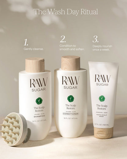 Three RAW Sugar hair care products on a neutral background with text indicating a 'Wash Day Ritual'.