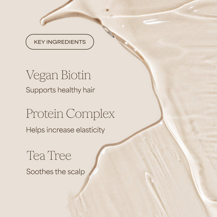 Product key ingredients listed with a close-up of a creamy texture.